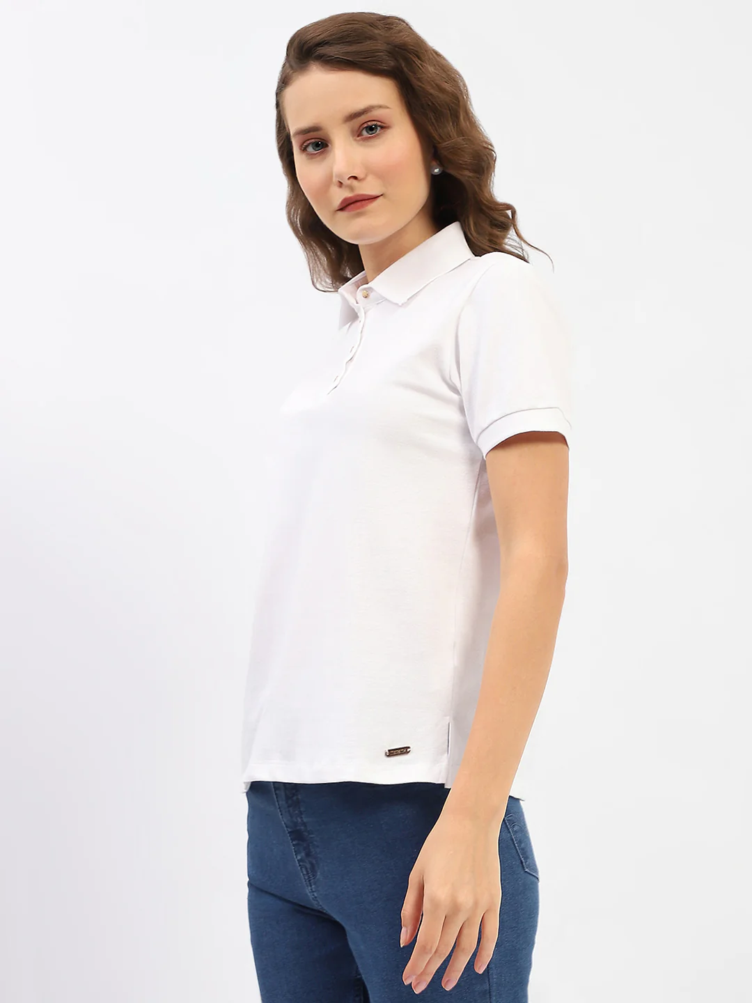 Madame White Polo Neck Solid Cotton T-Shirt - Image 5