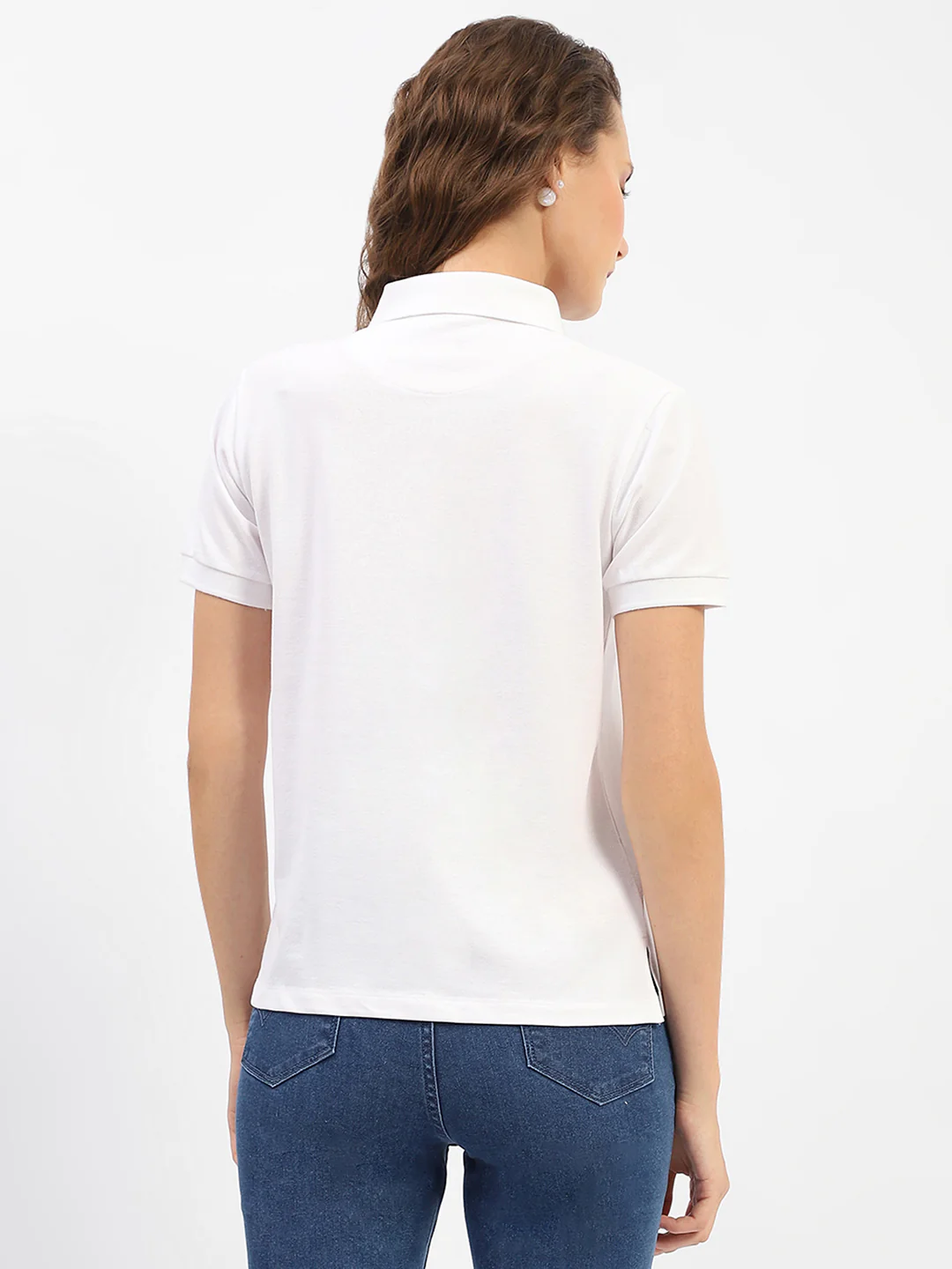 Madame White Polo Neck Solid Cotton T-Shirt - Image 6