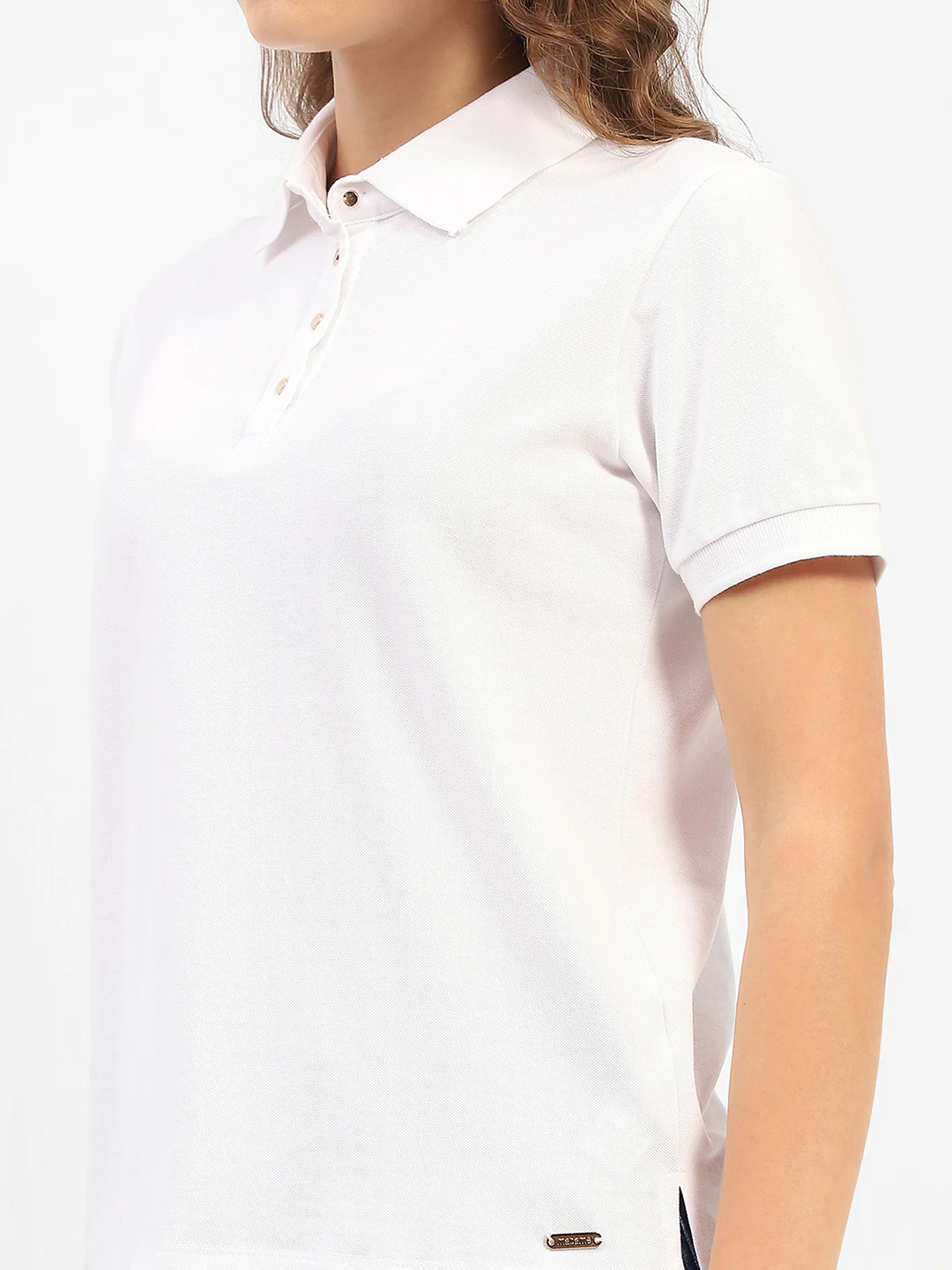 Madame White Polo Neck Solid Cotton T-Shirt - Image 7