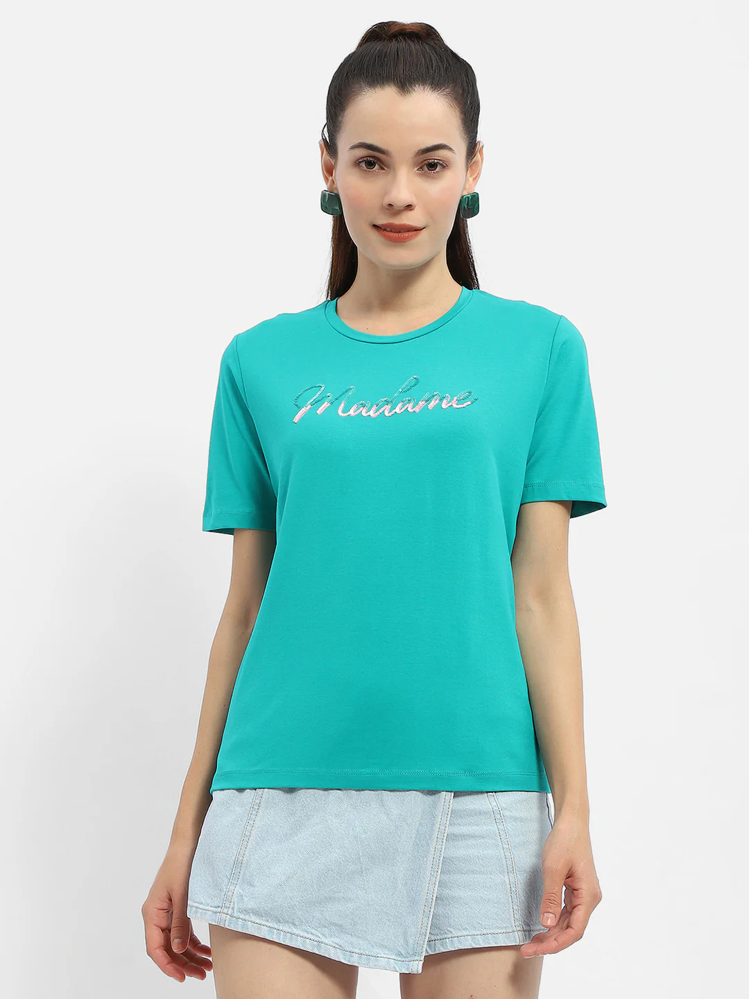 Madame Typography Sea Green Crew Neck T-Shirt - Image 2