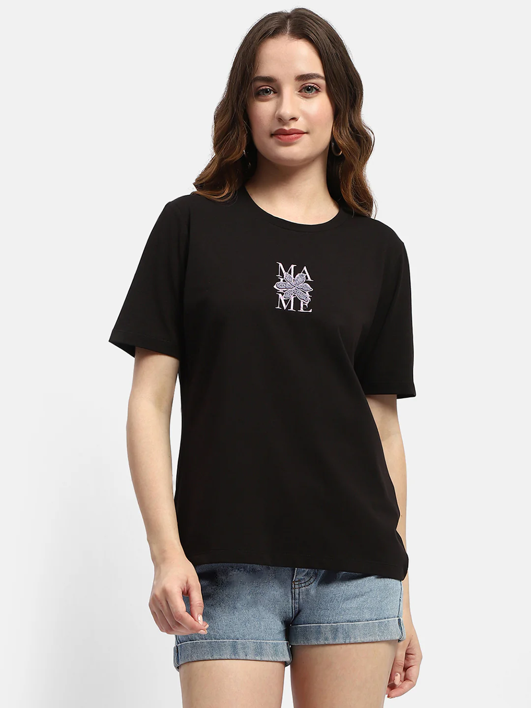 Madame Embroidered Black Regular T-Shirt - Image 3