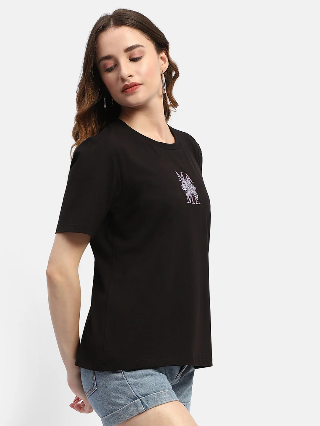 Madame Embroidered Black Regular T-Shirt - Image 4
