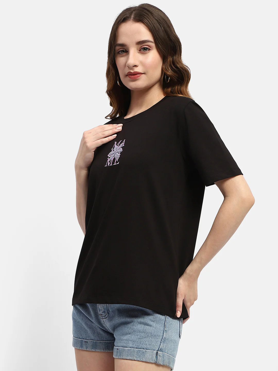 Madame Embroidered Black Regular T-Shirt - Image 5