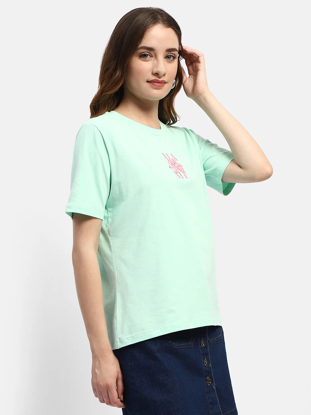 Madame Embroidered Mint Green Regular T-Shirt - Image 4
