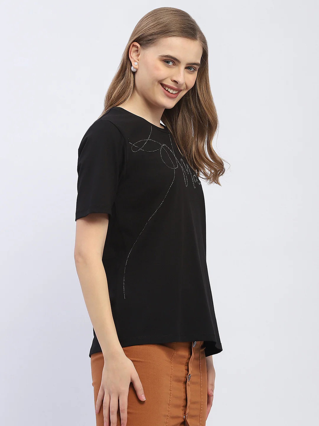 Madame Embellished Typography Black Regular T-Shirt - Image 3