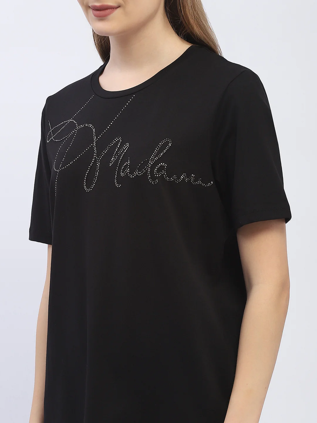 Madame Embellished Typography Black Regular T-Shirt - Image 6