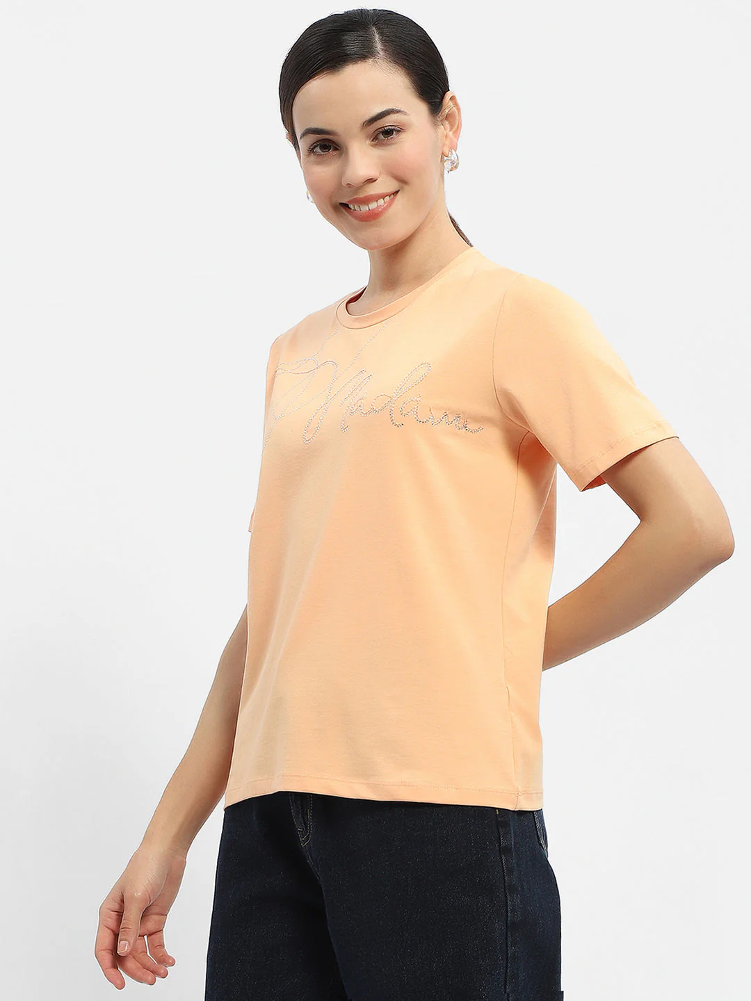 Madame Embellished Typography Peach Regular T-Shirt - Image 4