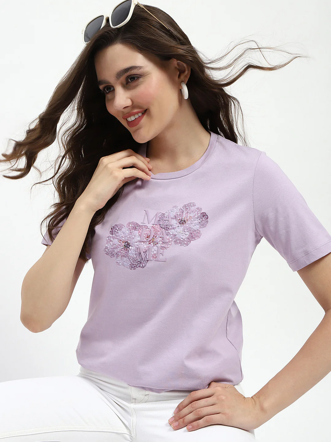 Madame Graphic Printed Mauve Cotton T-Shirt
