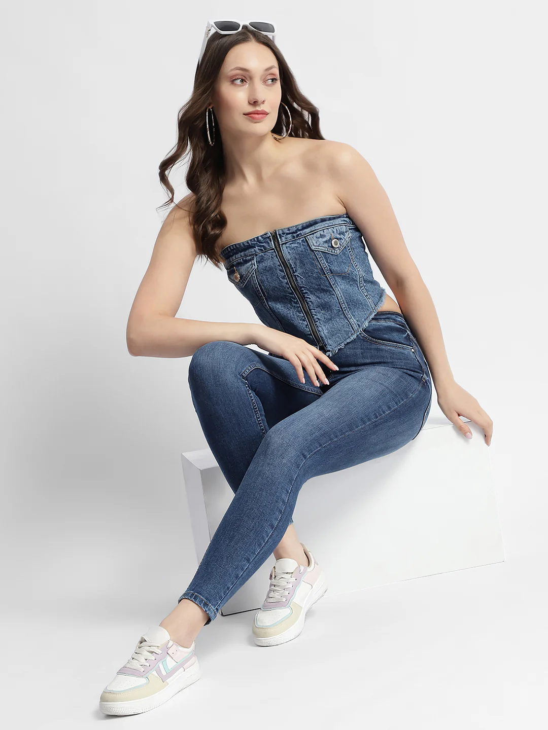 Madame Blue Front Zipper Denim Tube Top - Image 2