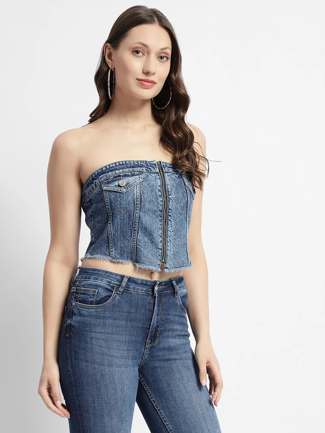 Madame Blue Front Zipper Denim Tube Top - Image 3