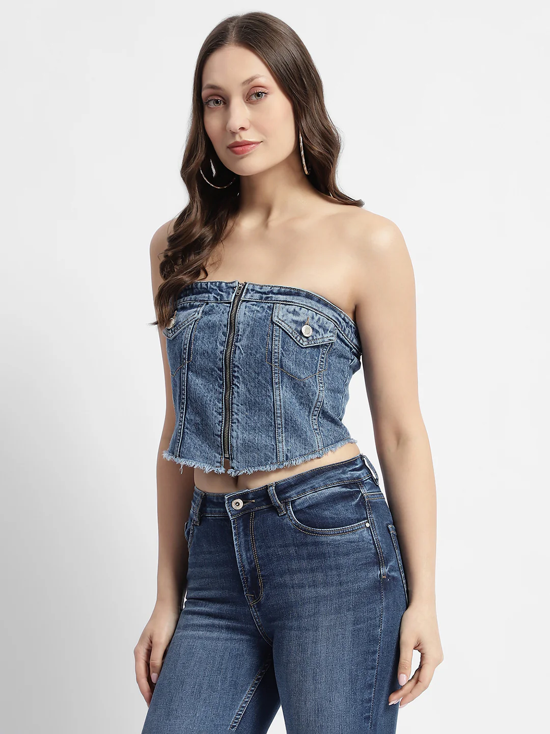 Madame Blue Front Zipper Denim Tube Top - Image 4