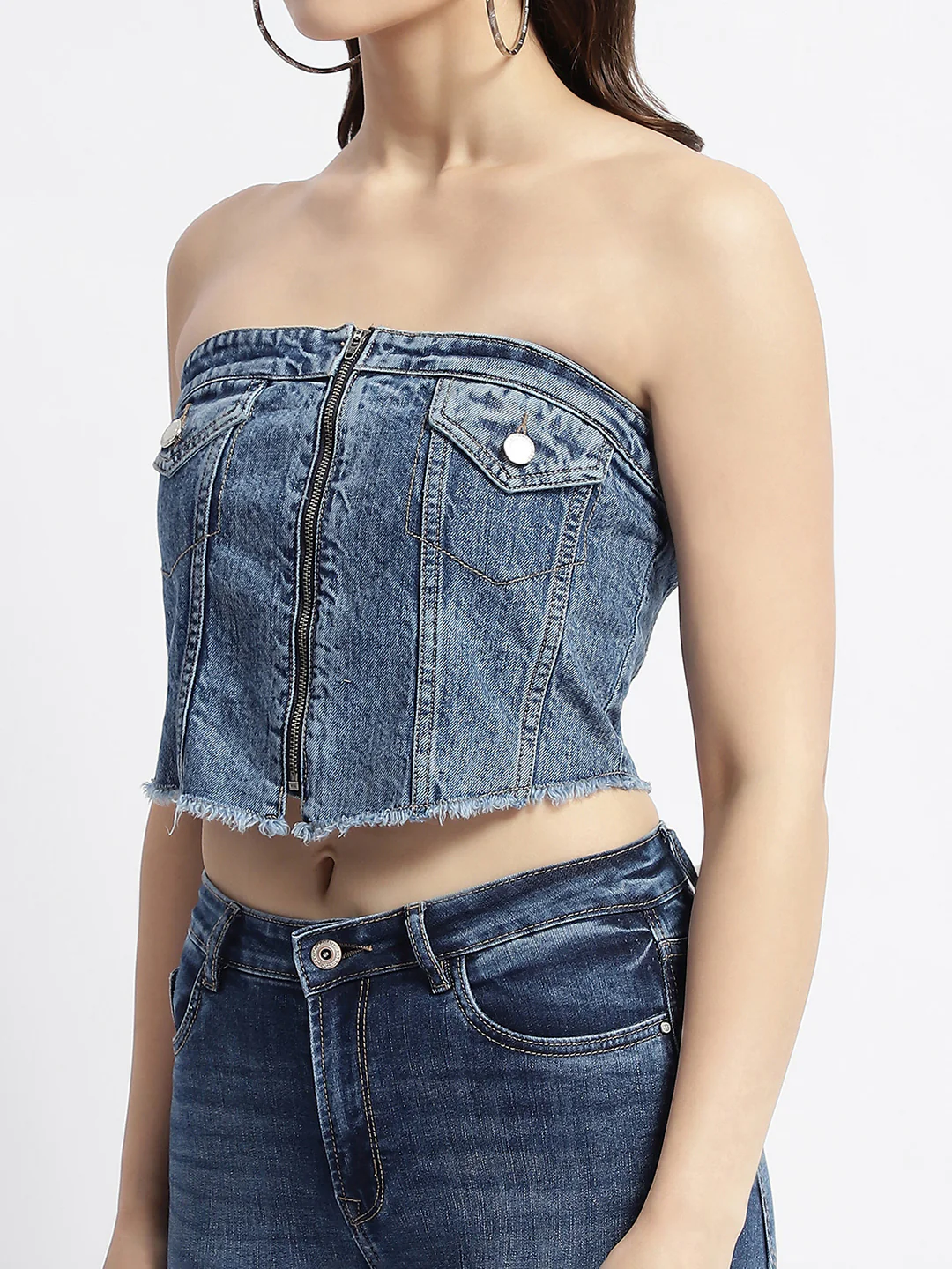 Madame Blue Front Zipper Denim Tube Top - Image 6