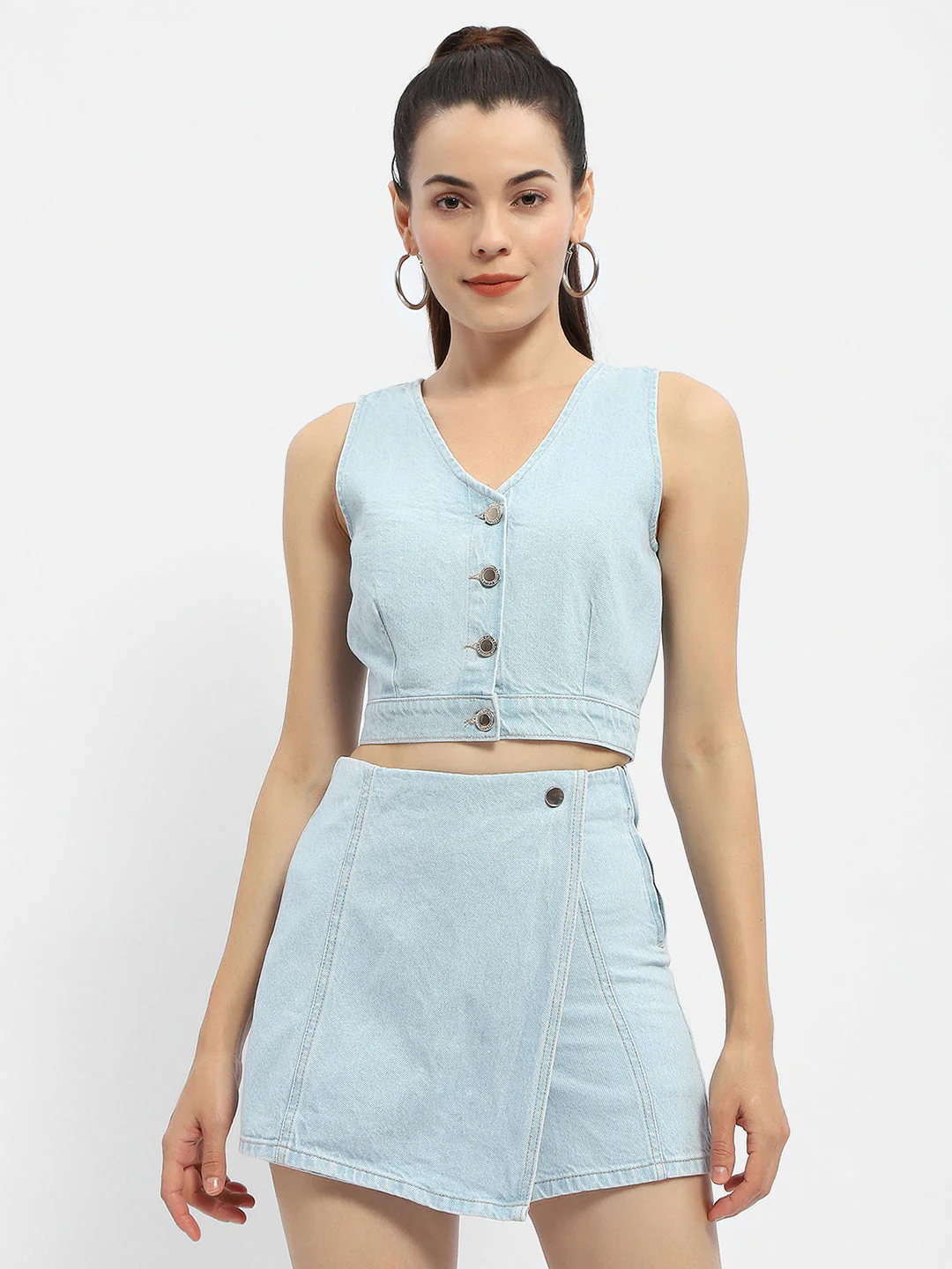 Madame V-Neck Light Blue Denim Crop Top - Image 2