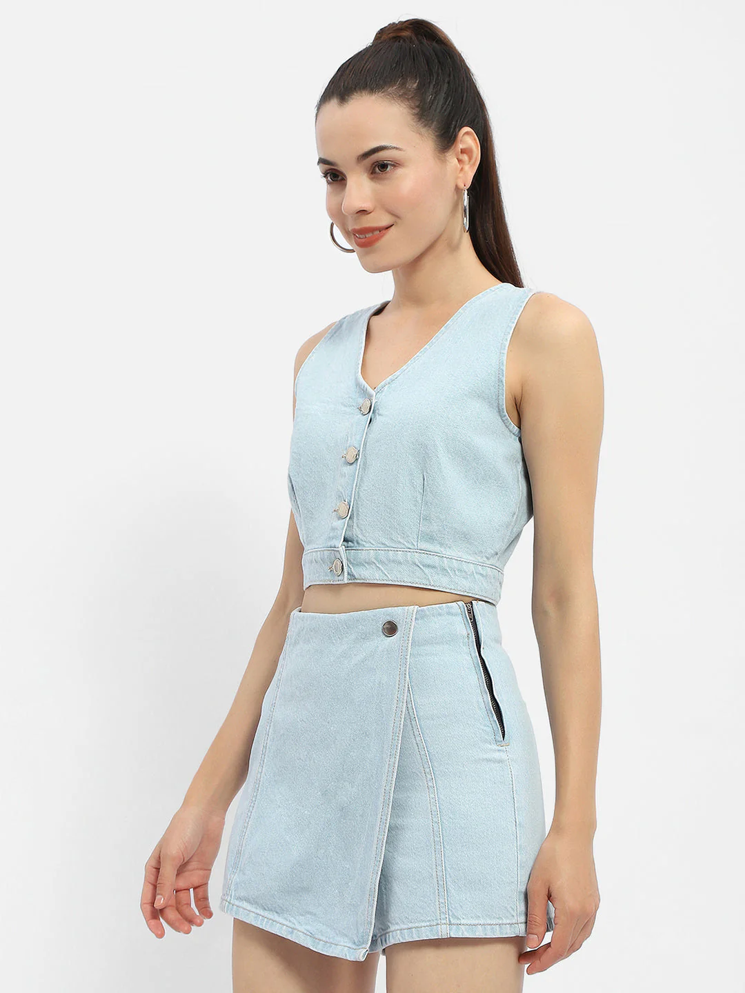 Madame V-Neck Light Blue Denim Crop Top - Image 4