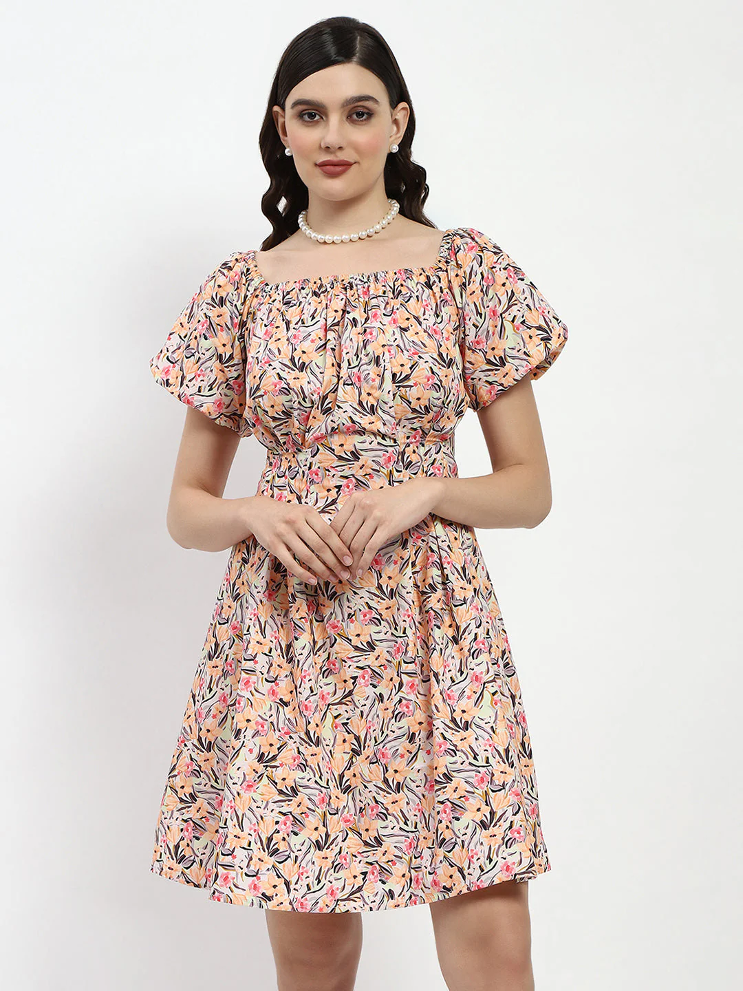 Madame Cotton Floral Print Off Shoulder Orange Mini Dress - Image 3