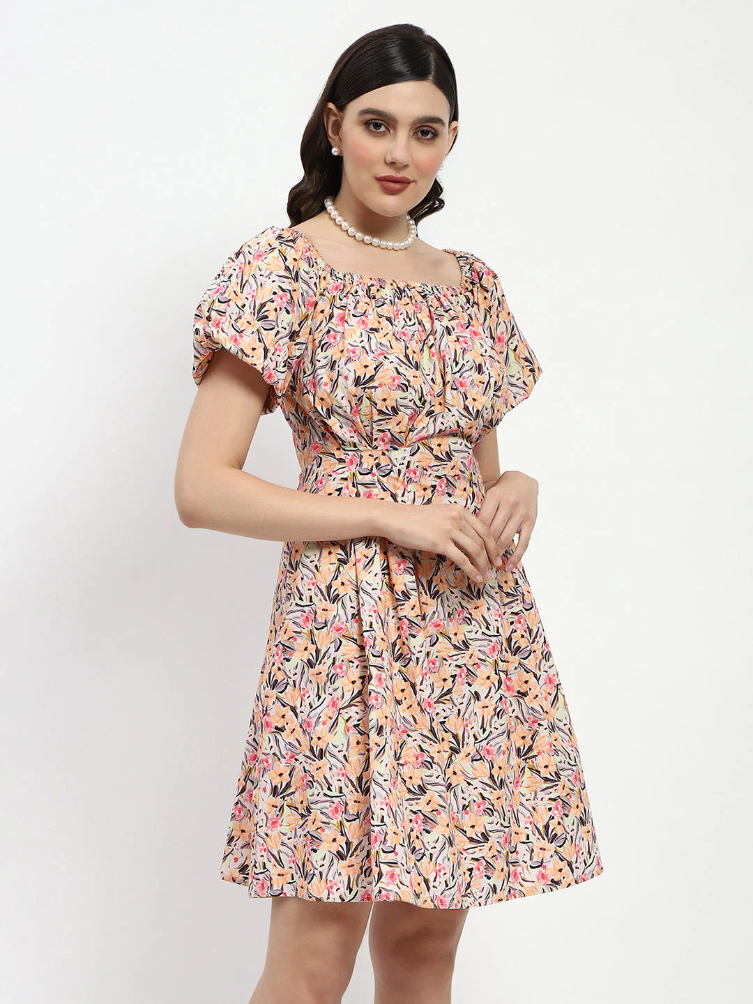 Madame Cotton Floral Print Off Shoulder Orange Mini Dress - Image 4