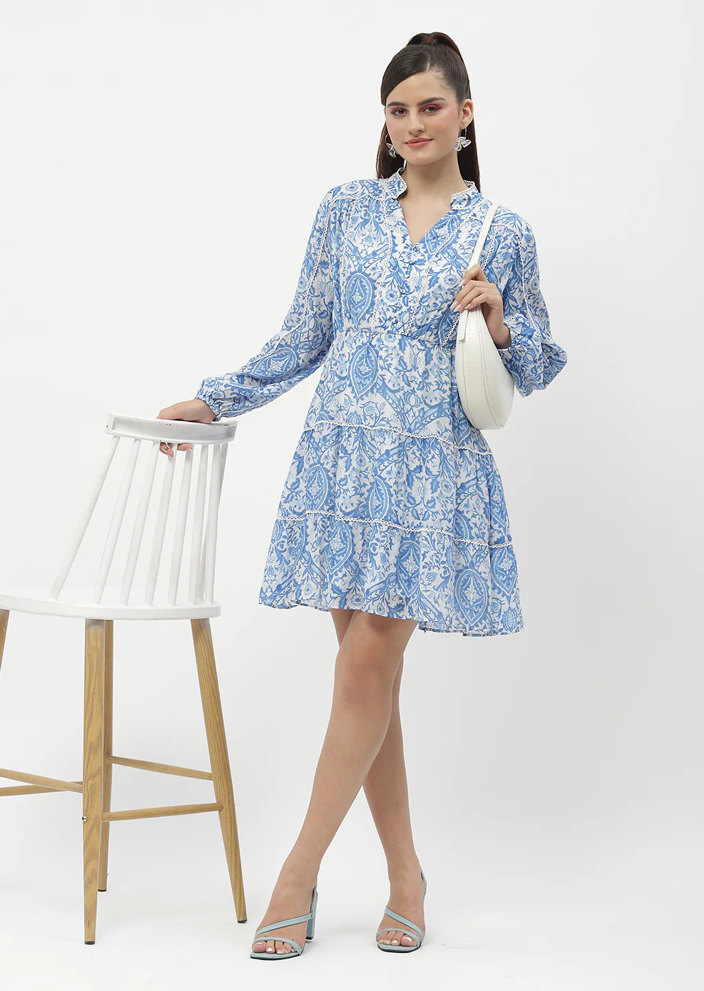 Madame Tiered Lace Detailed Blue Mini Dress - Image 2