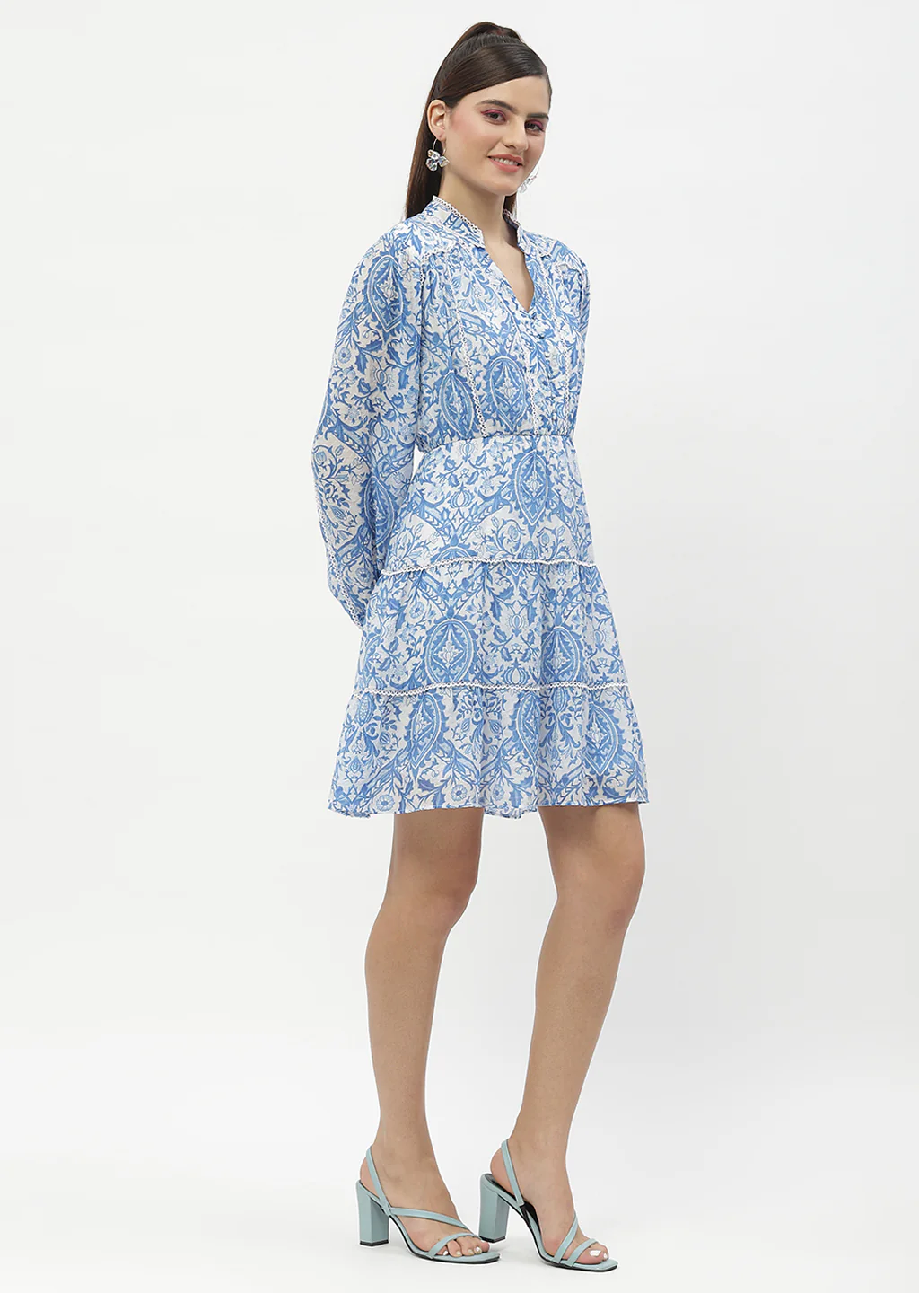 Madame Tiered Lace Detailed Blue Mini Dress - Image 3