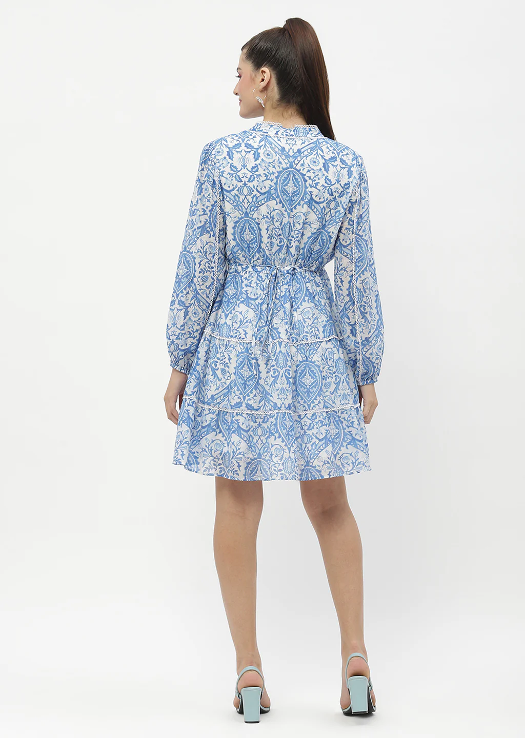 Madame Tiered Lace Detailed Blue Mini Dress - Image 5