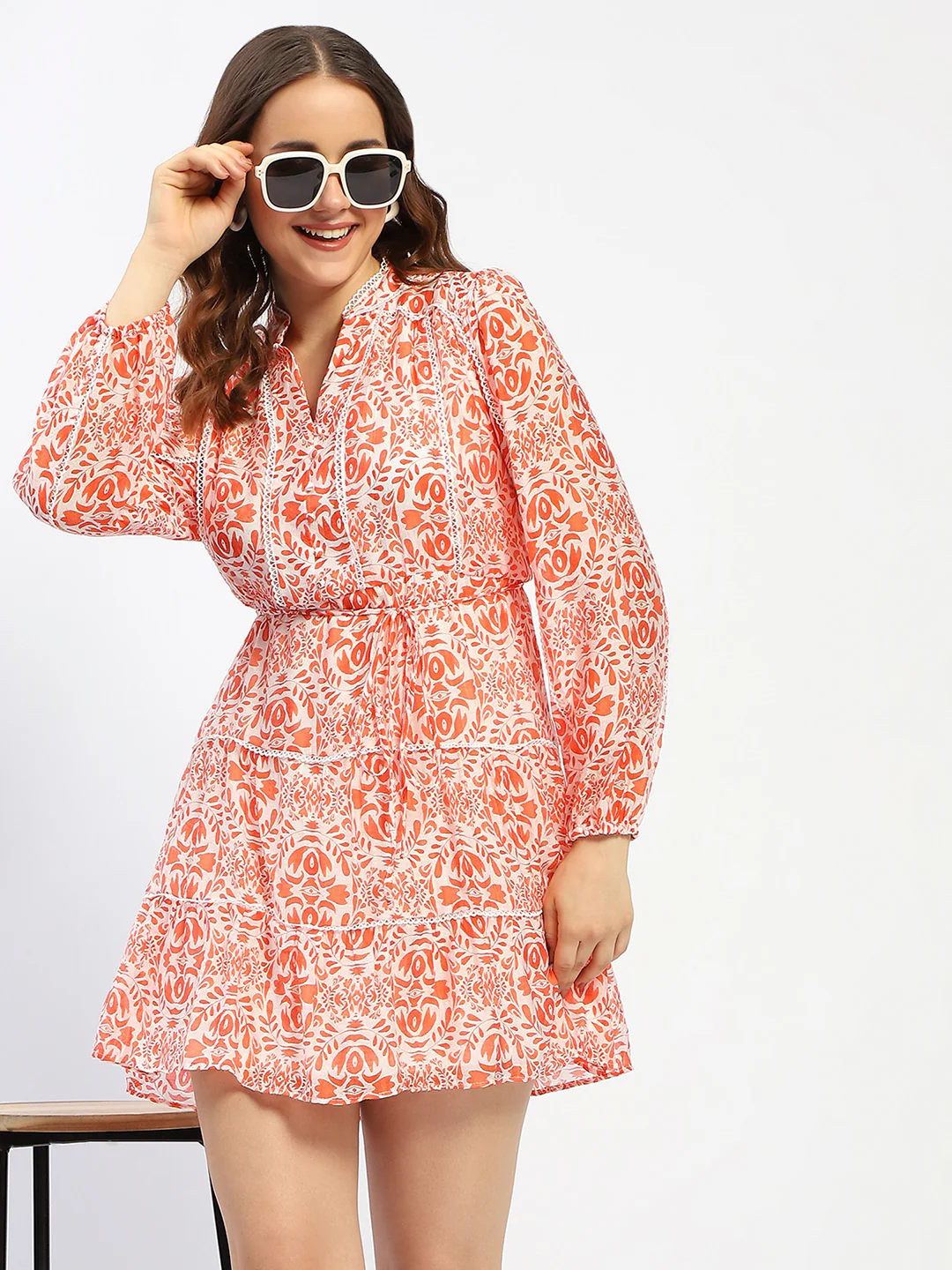 Madame Floral Printed Orange Mini Dress - Image 6