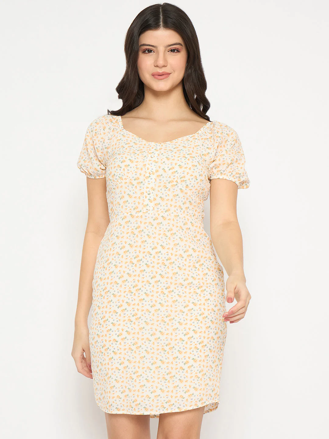 Madame Printed Half Sleeve Yellow Midi Sheath Dress - Image 3