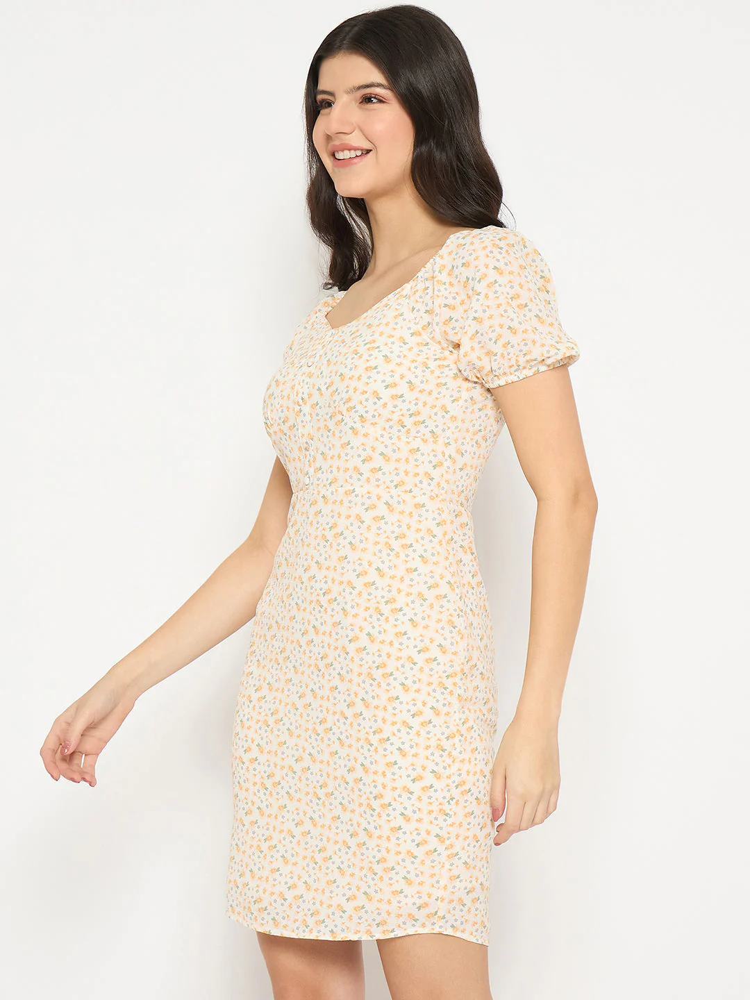 Madame Printed Half Sleeve Yellow Midi Sheath Dress - Image 5
