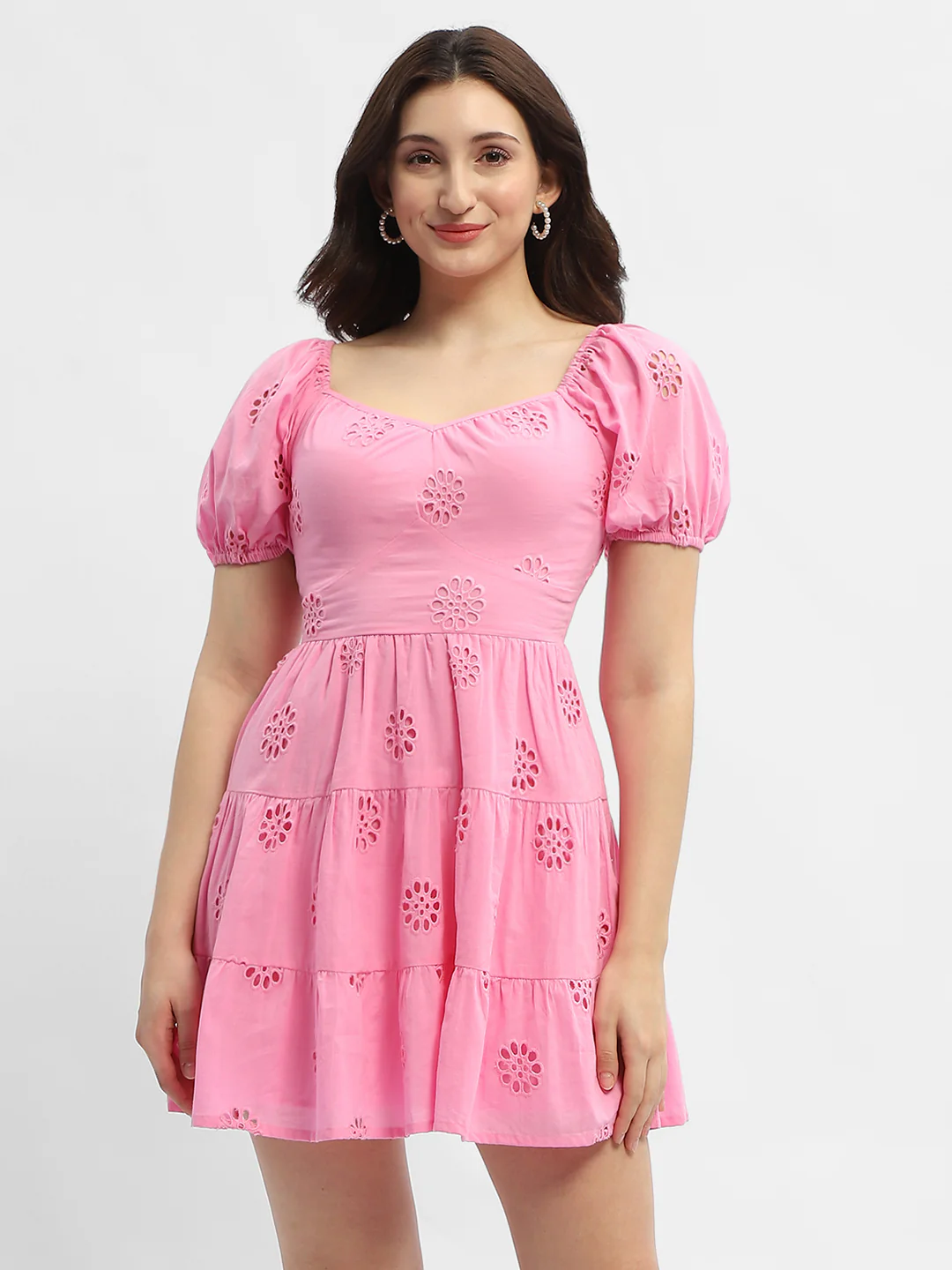 Madame Schiffli Pink Sweetheart Neck Dress