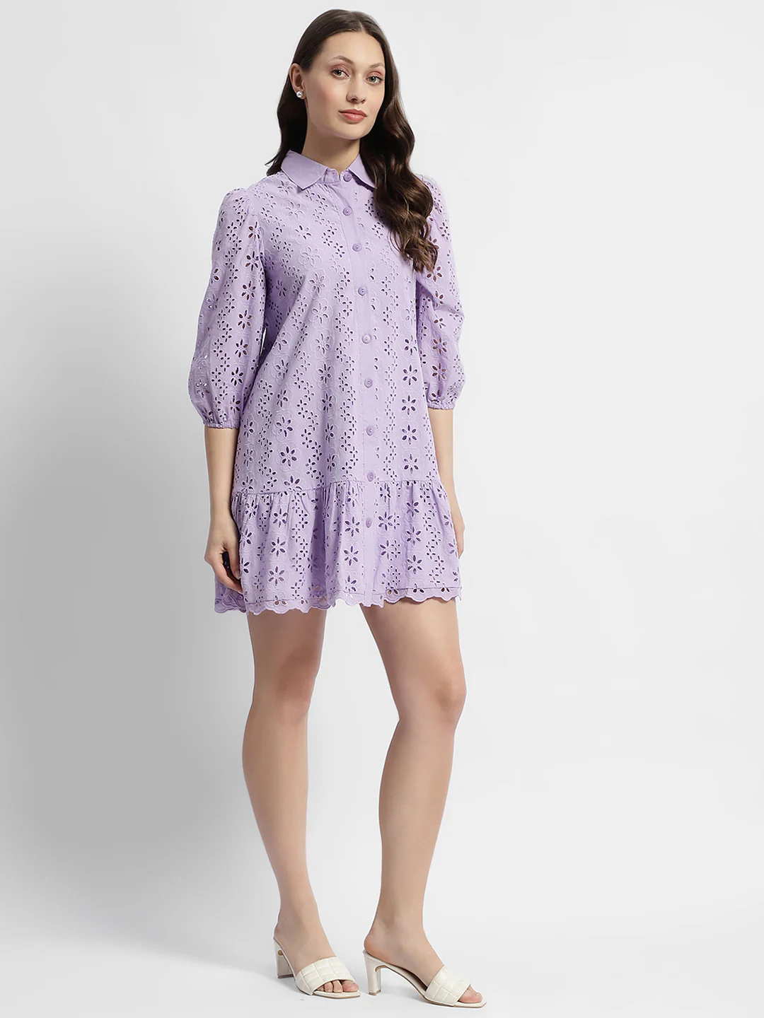 Madame Lilac Flared Hem Schiffli Mini Dress - Image 4