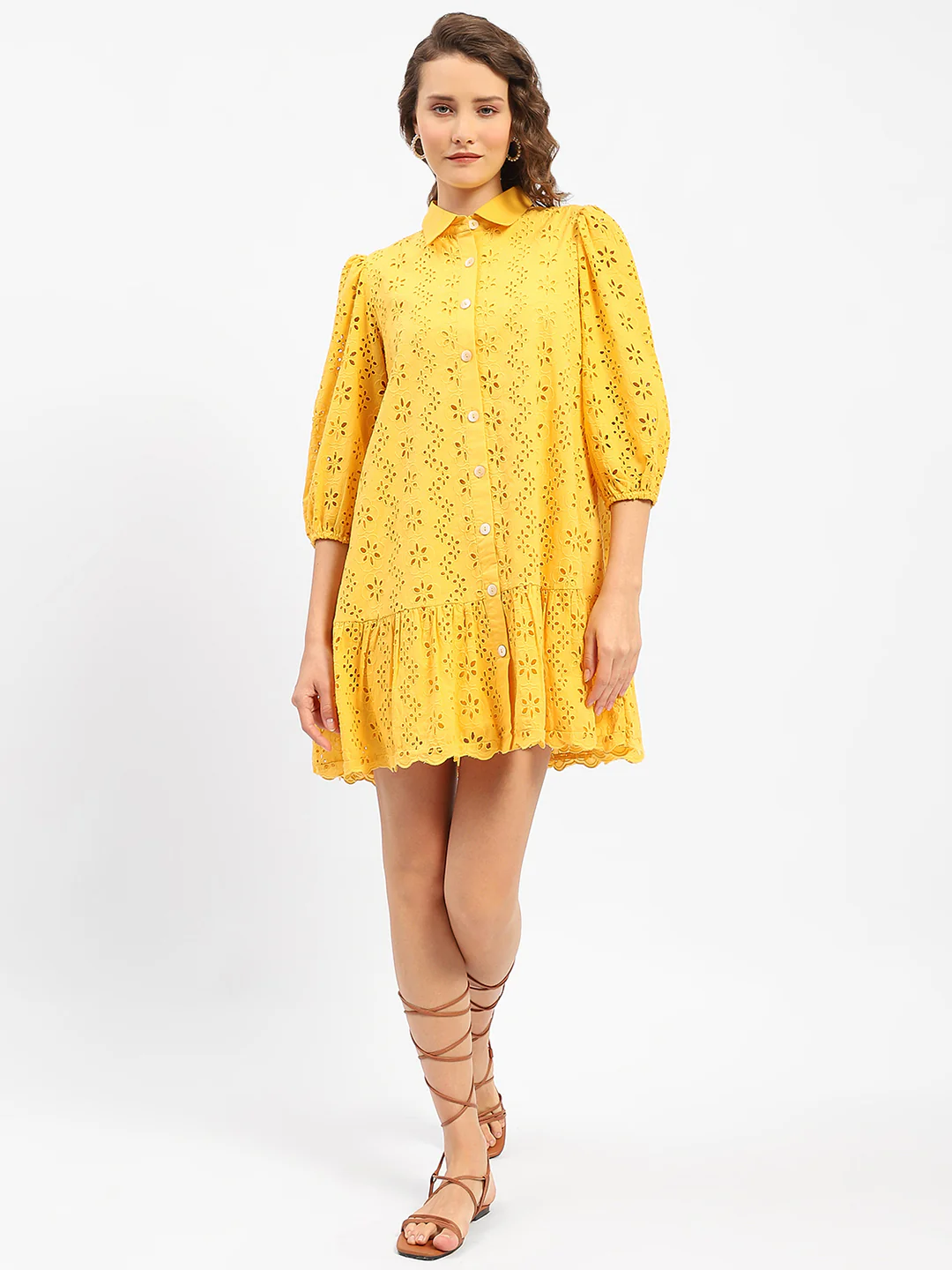 Madame Schiffli Mustard Yellow Tiered Shirt Dress - Image 3