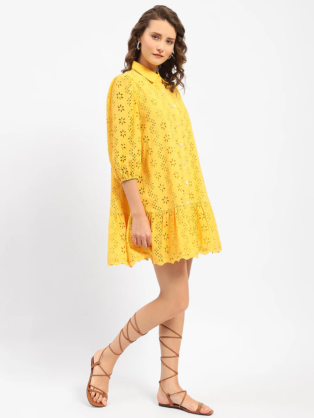 Madame Schiffli Mustard Yellow Tiered Shirt Dress - Image 4