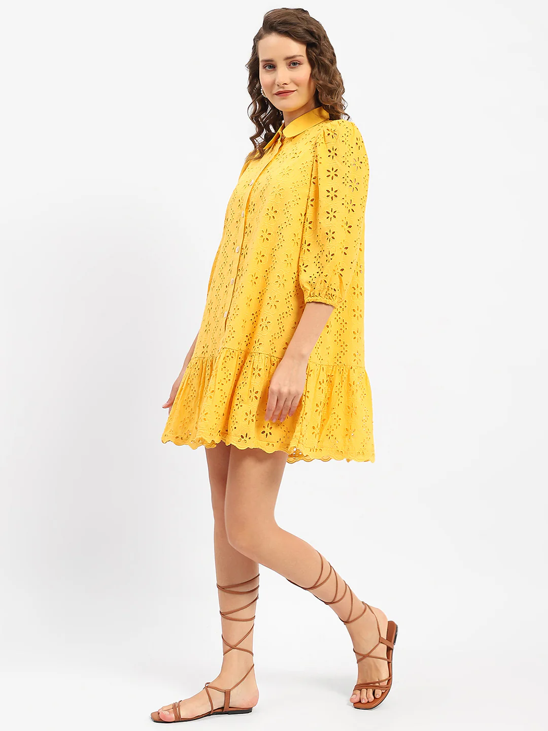 Madame Schiffli Mustard Yellow Tiered Shirt Dress - Image 5
