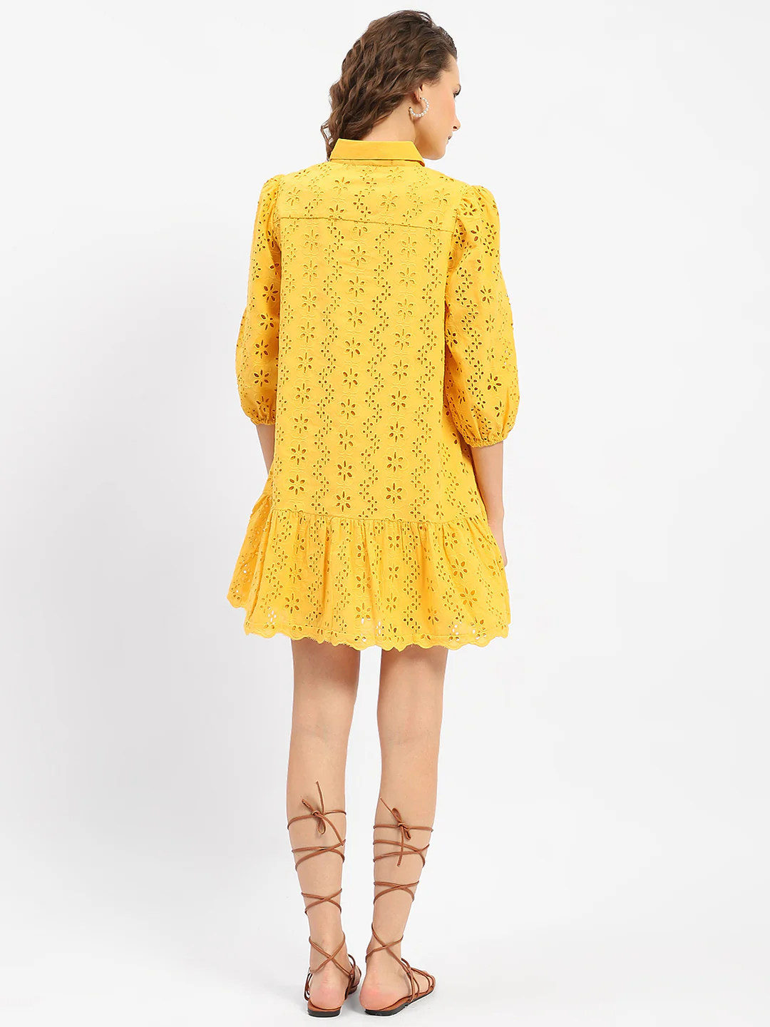 Madame Schiffli Mustard Yellow Tiered Shirt Dress - Image 6