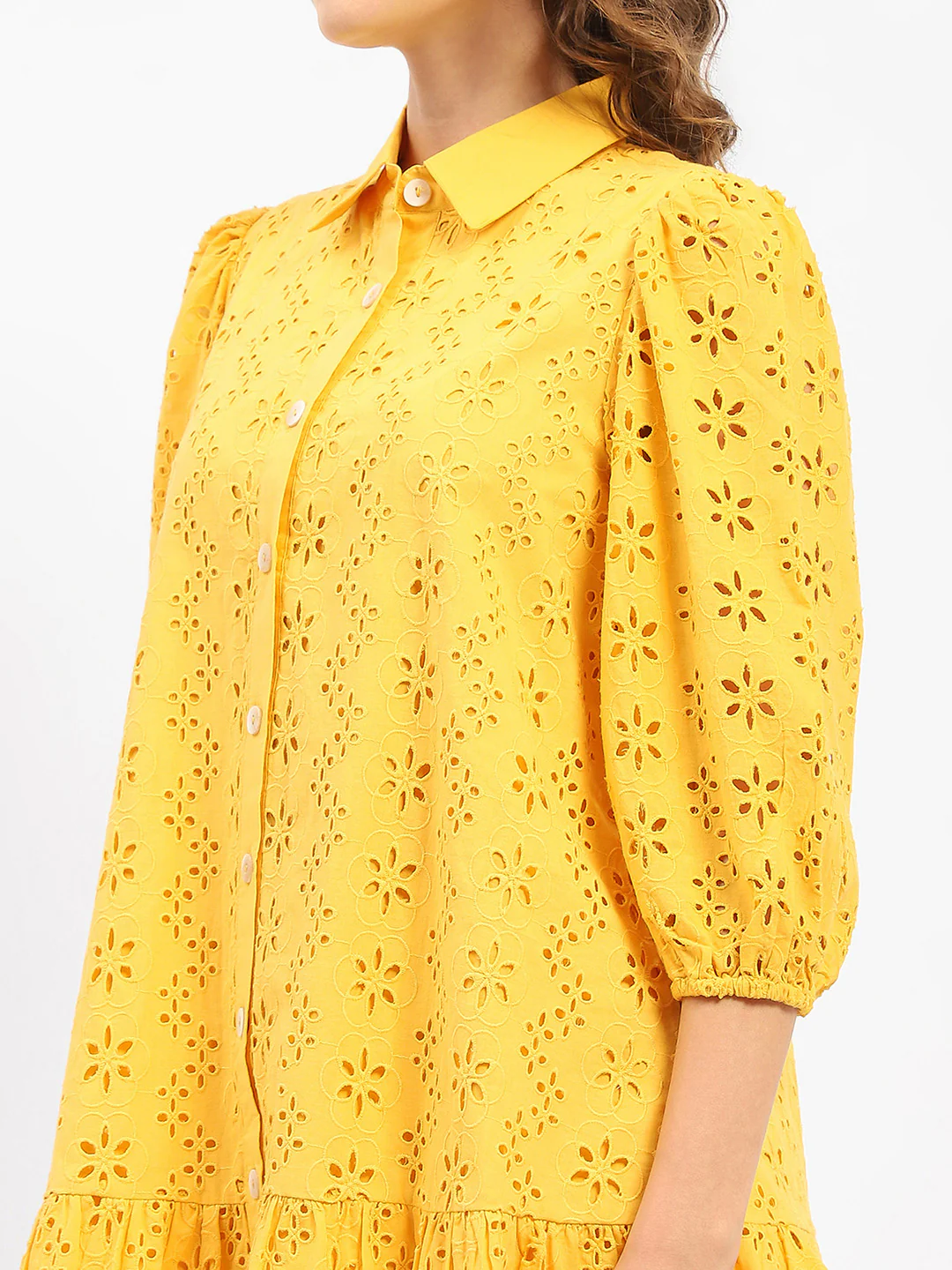 Madame Schiffli Mustard Yellow Tiered Shirt Dress - Image 7