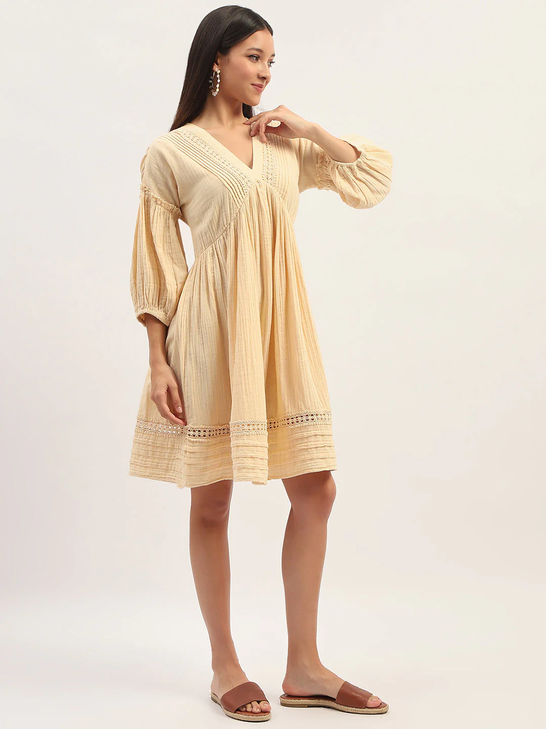 Madame Puff Sleeve Fit And Flare Cotton Beige Midi Dress - Image 4