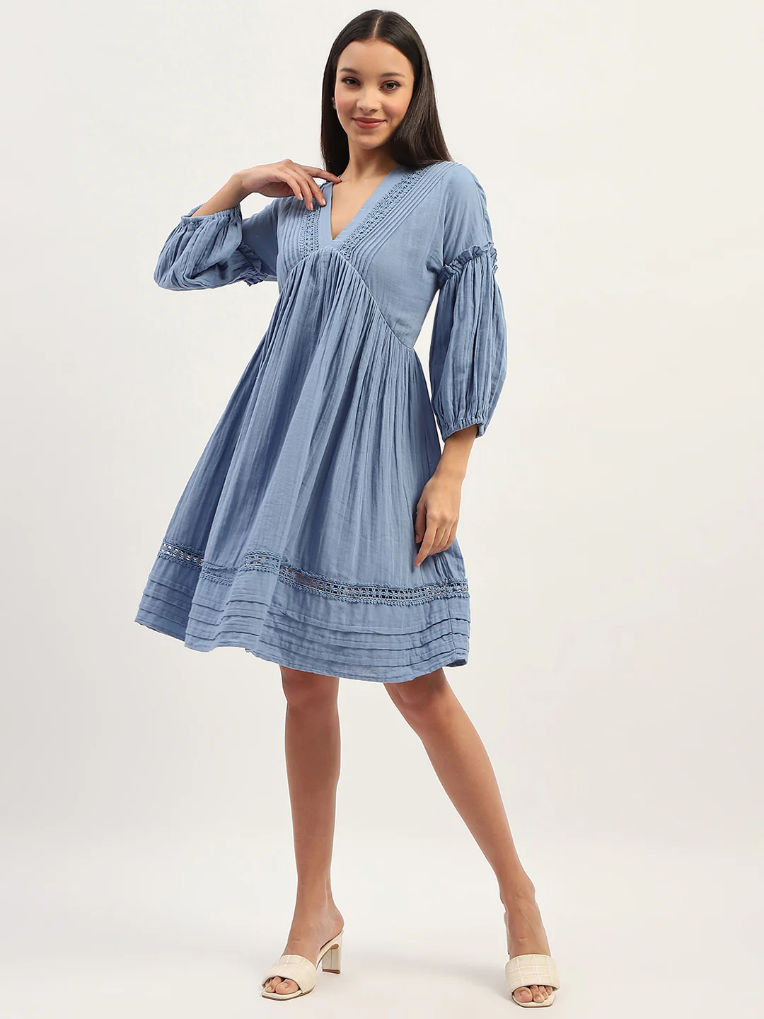 Madame Puff Sleeve Fit And Flare Cotton Blue Midi Dress - Image 3