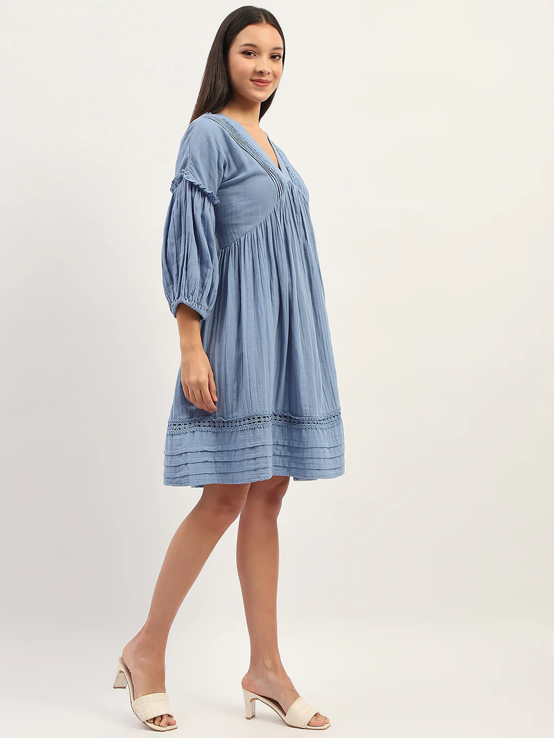 Madame Puff Sleeve Fit And Flare Cotton Blue Midi Dress - Image 4