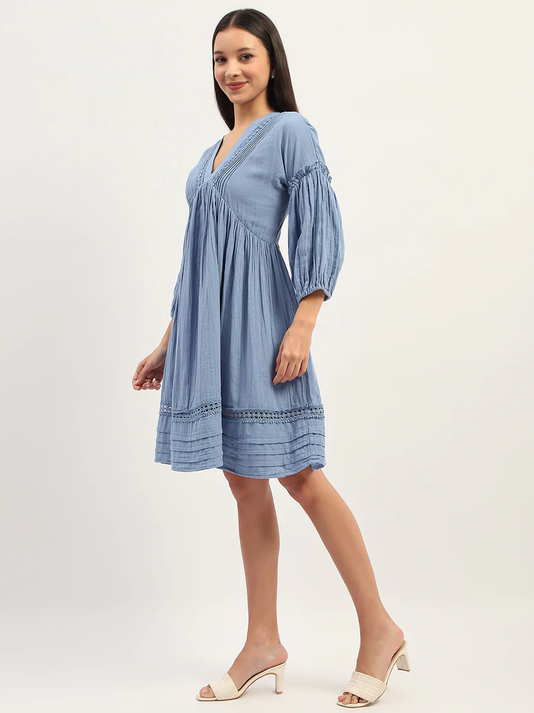 Madame Puff Sleeve Fit And Flare Cotton Blue Midi Dress - Image 5