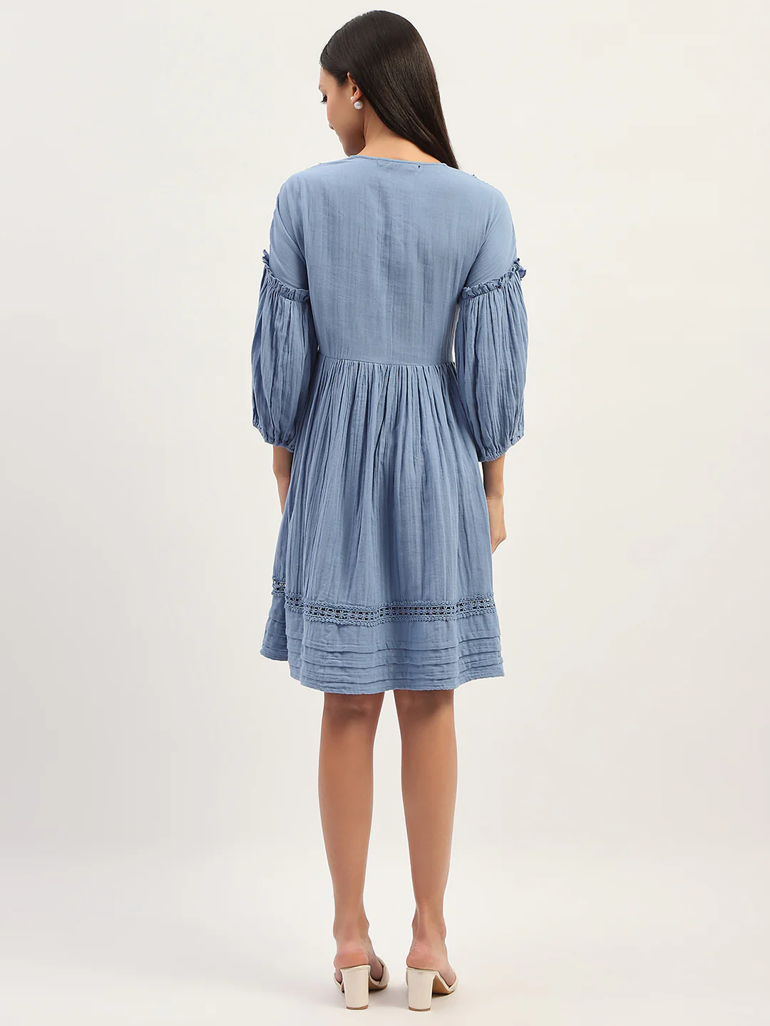 Madame Puff Sleeve Fit And Flare Cotton Blue Midi Dress - Image 6