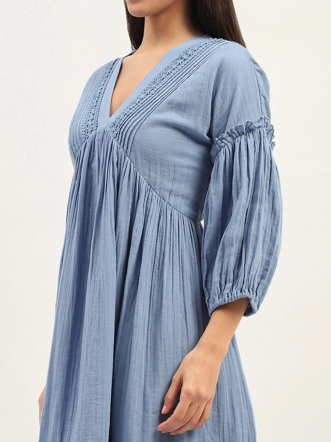 Madame Puff Sleeve Fit And Flare Cotton Blue Midi Dress - Image 7