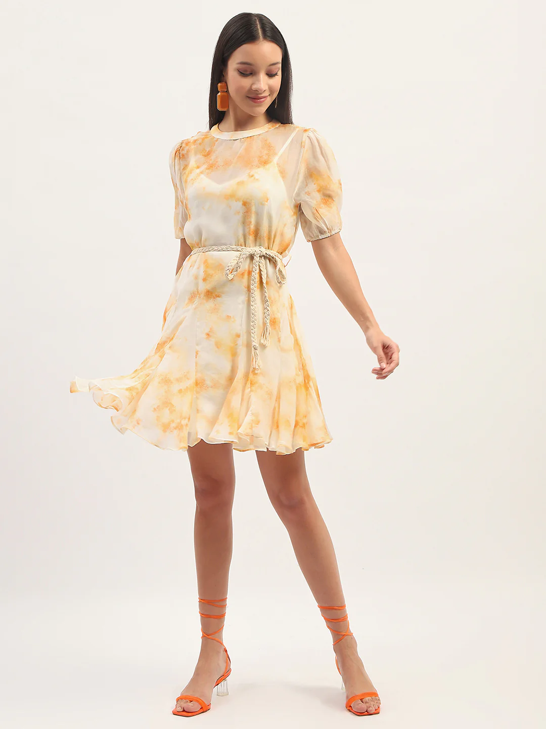 Madame Tie Dye Belted Orange Rayon Blend Mini Dress - Image 3