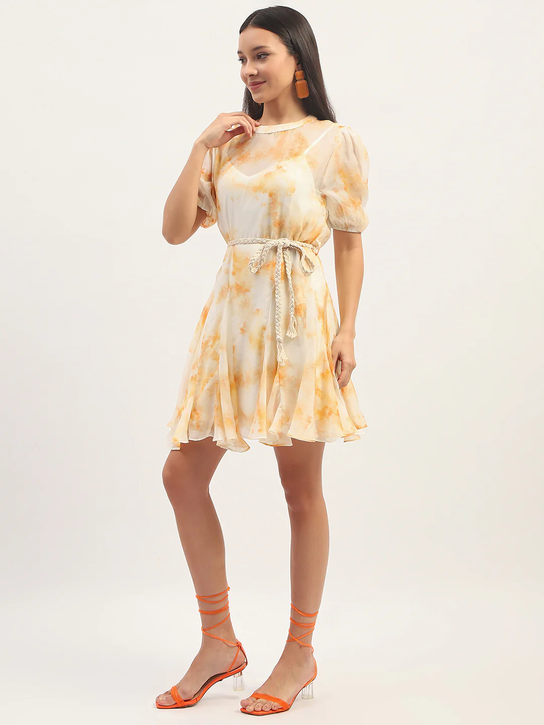 Madame Tie Dye Belted Orange Rayon Blend Mini Dress - Image 5