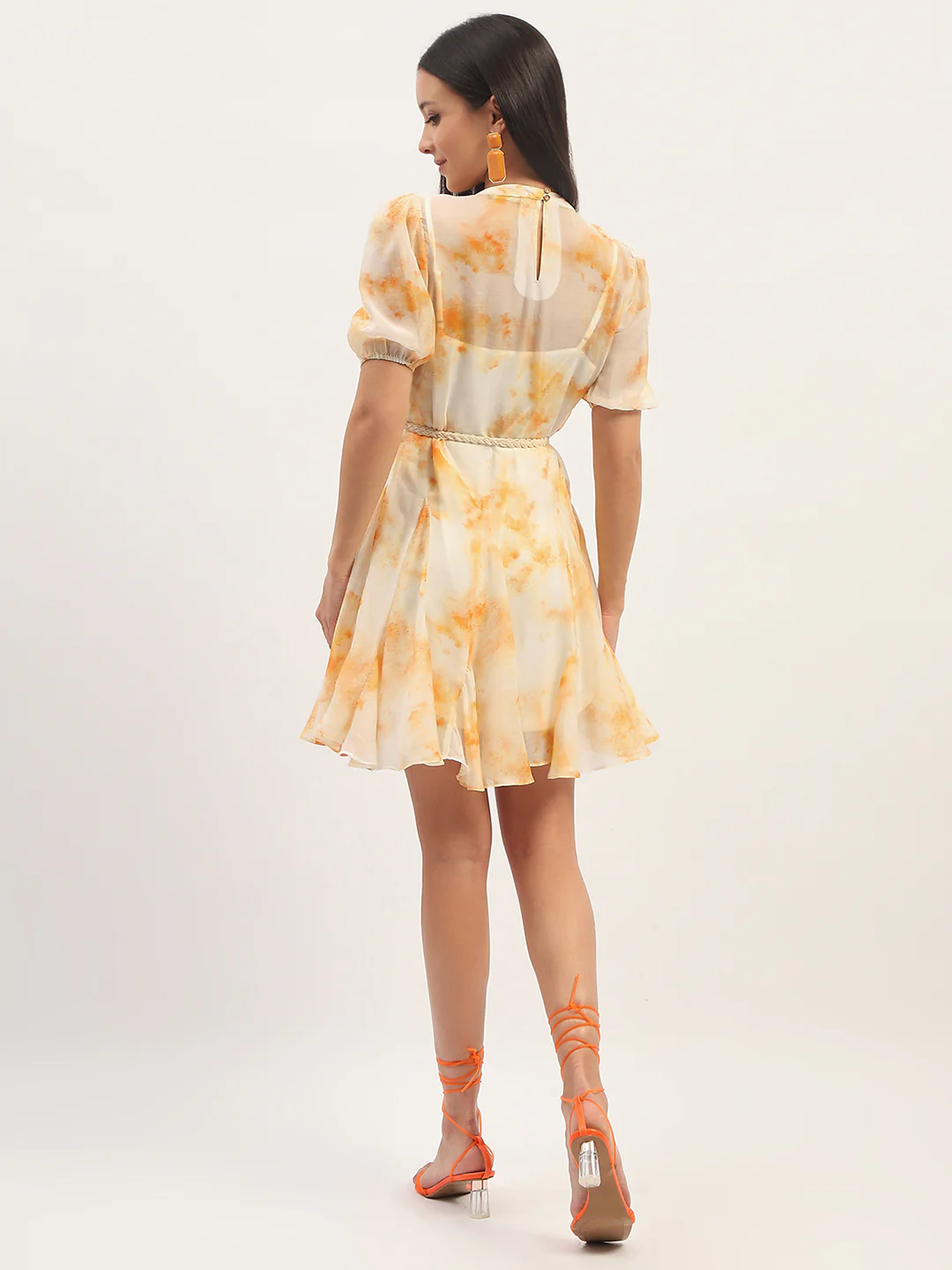 Madame Tie Dye Belted Orange Rayon Blend Mini Dress - Image 6