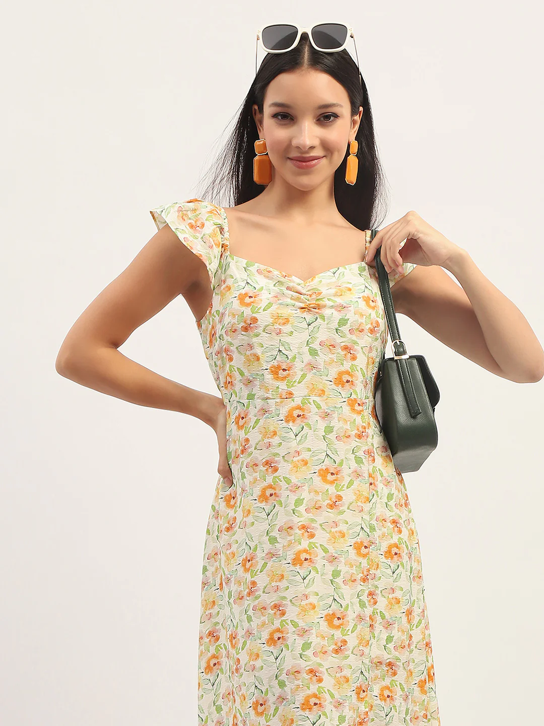 Madame Printed Front Slit Fit And Flare Ivory Dress - Image 2