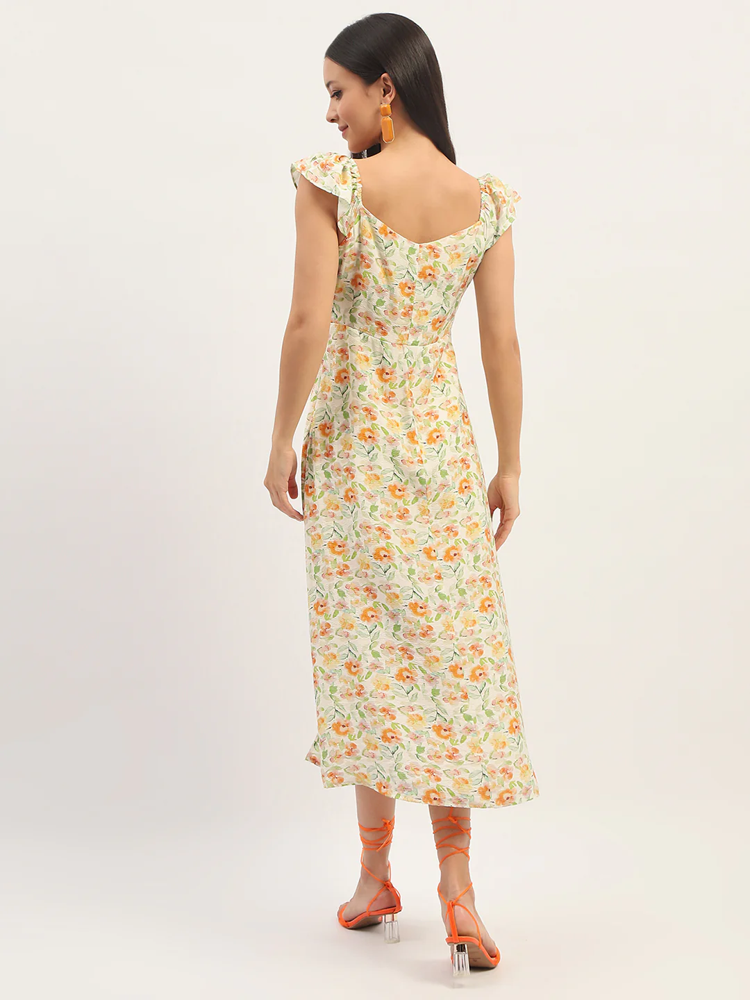 Madame Printed Front Slit Fit And Flare Ivory Dress - Image 6