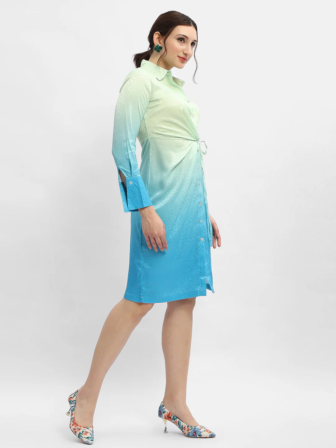 Madame Ombre Effect Sky Blue Tie-Waist Shirt Dress - Image 3