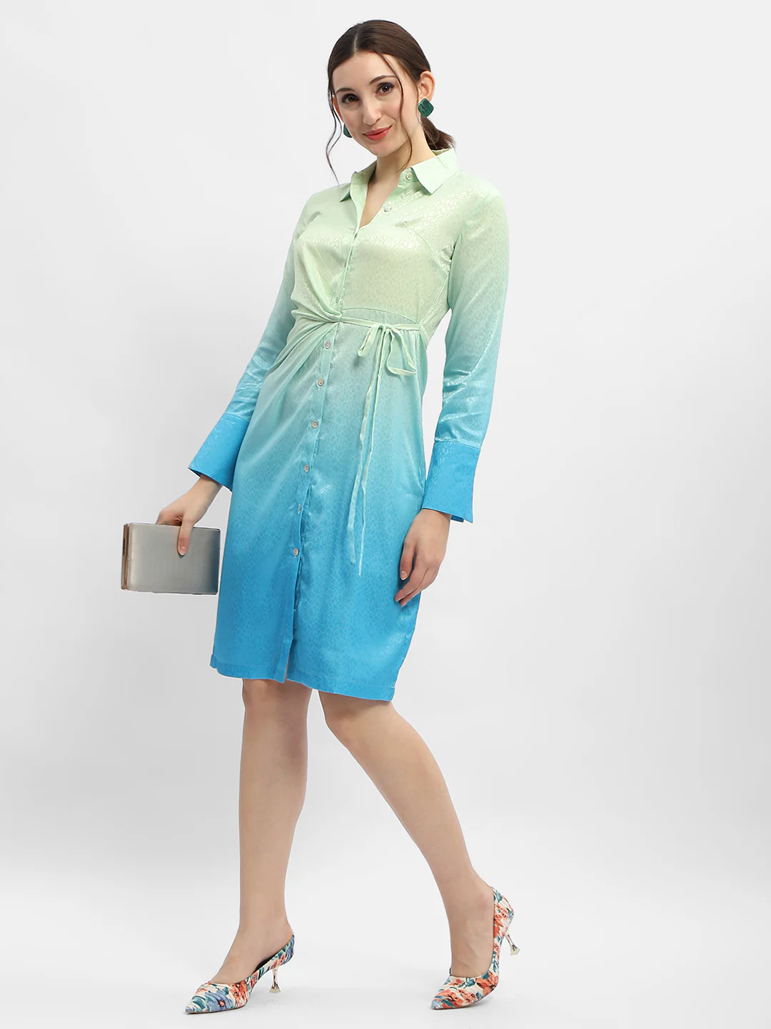 Madame Ombre Effect Sky Blue Tie-Waist Shirt Dress - Image 5