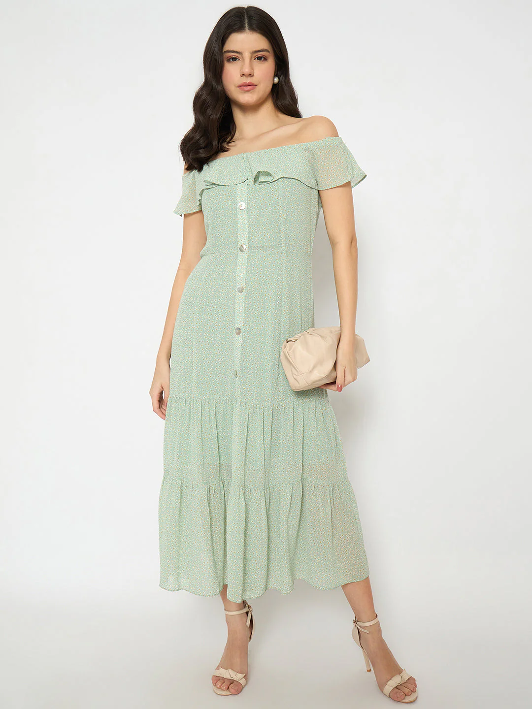 Madame Off Shoulder Solid Green Midi Dress