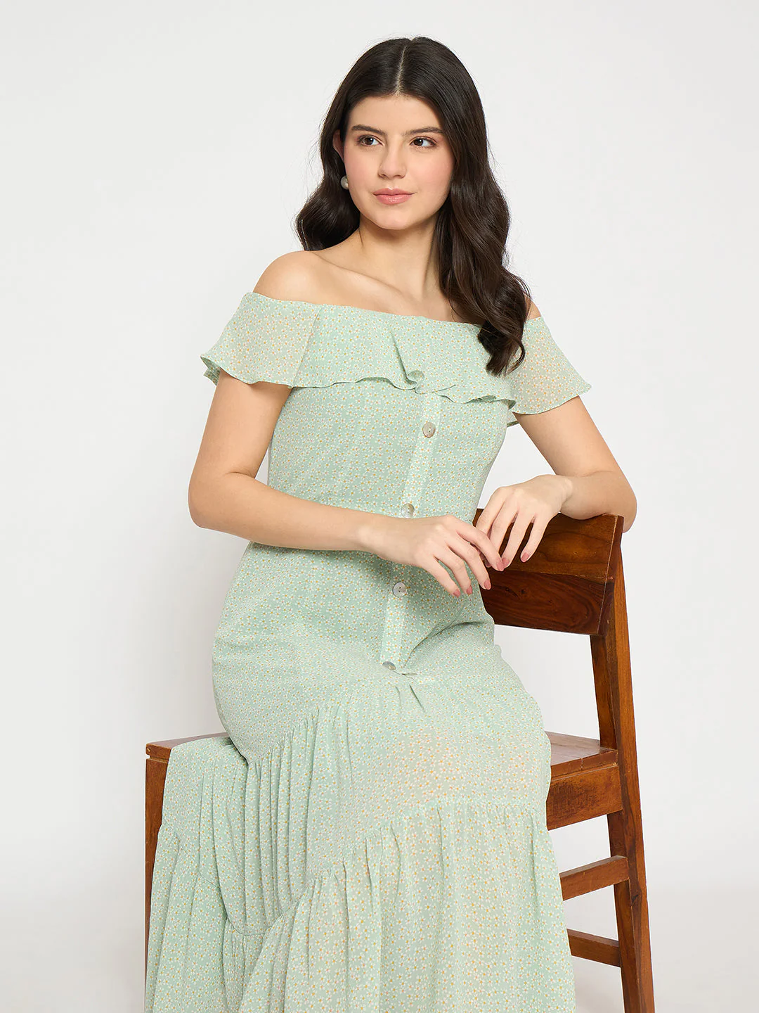 Madame Off Shoulder Solid Green Midi Dress - Image 2