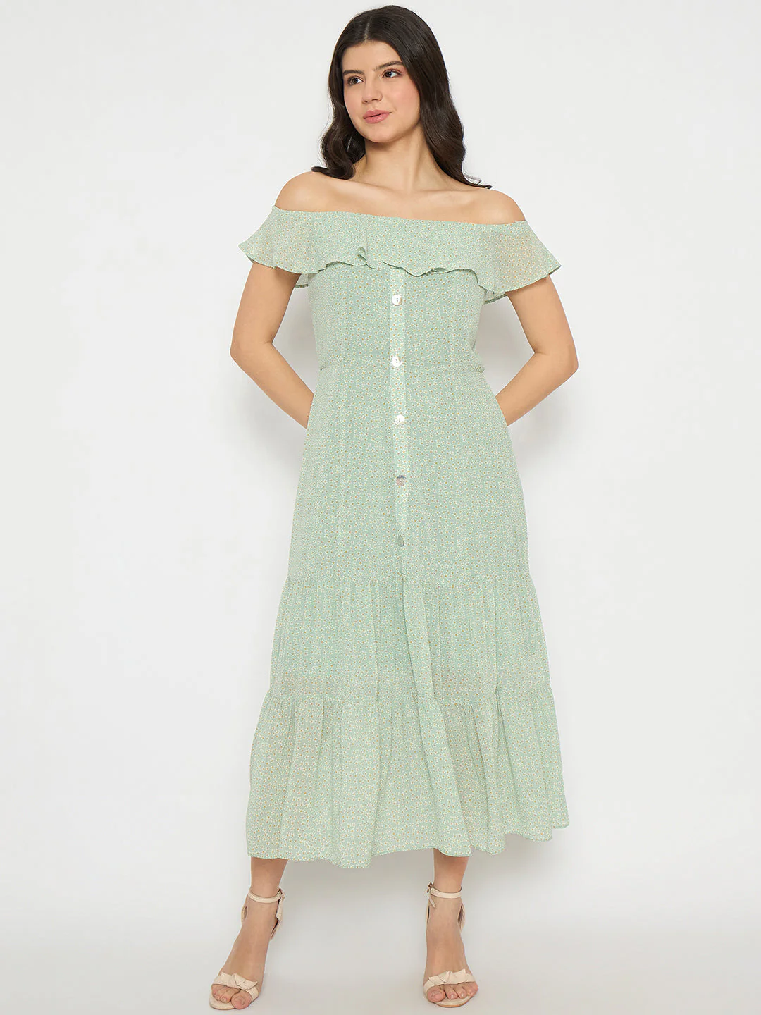 Madame Off Shoulder Solid Green Midi Dress - Image 3