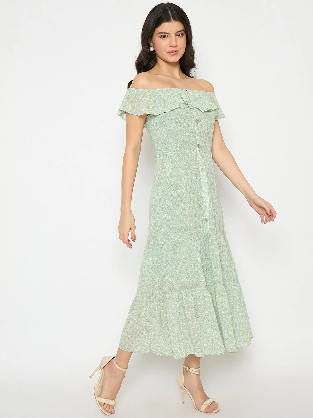 Madame Off Shoulder Solid Green Midi Dress - Image 4